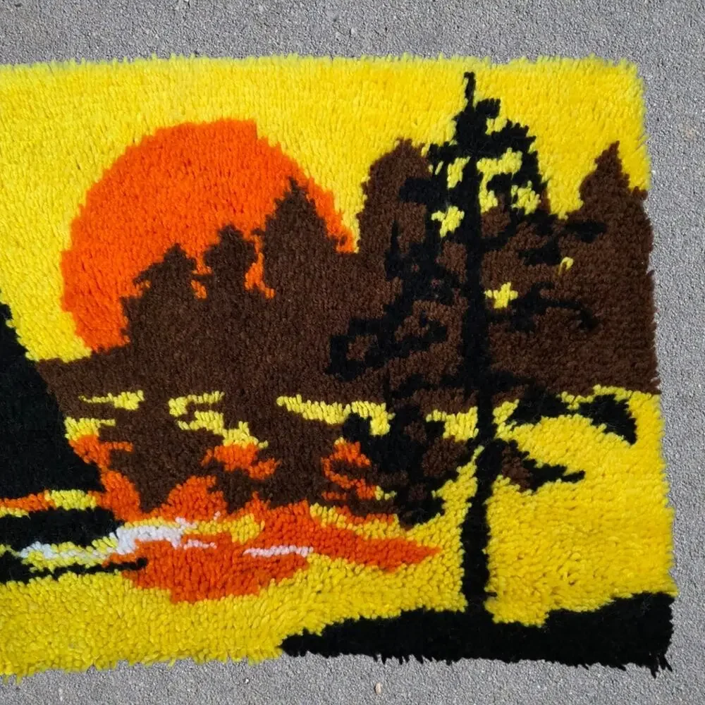 Vintage Handmade Latch Hook Rug – Sailboat Sunset Wall Hanging – 26.5 x 20